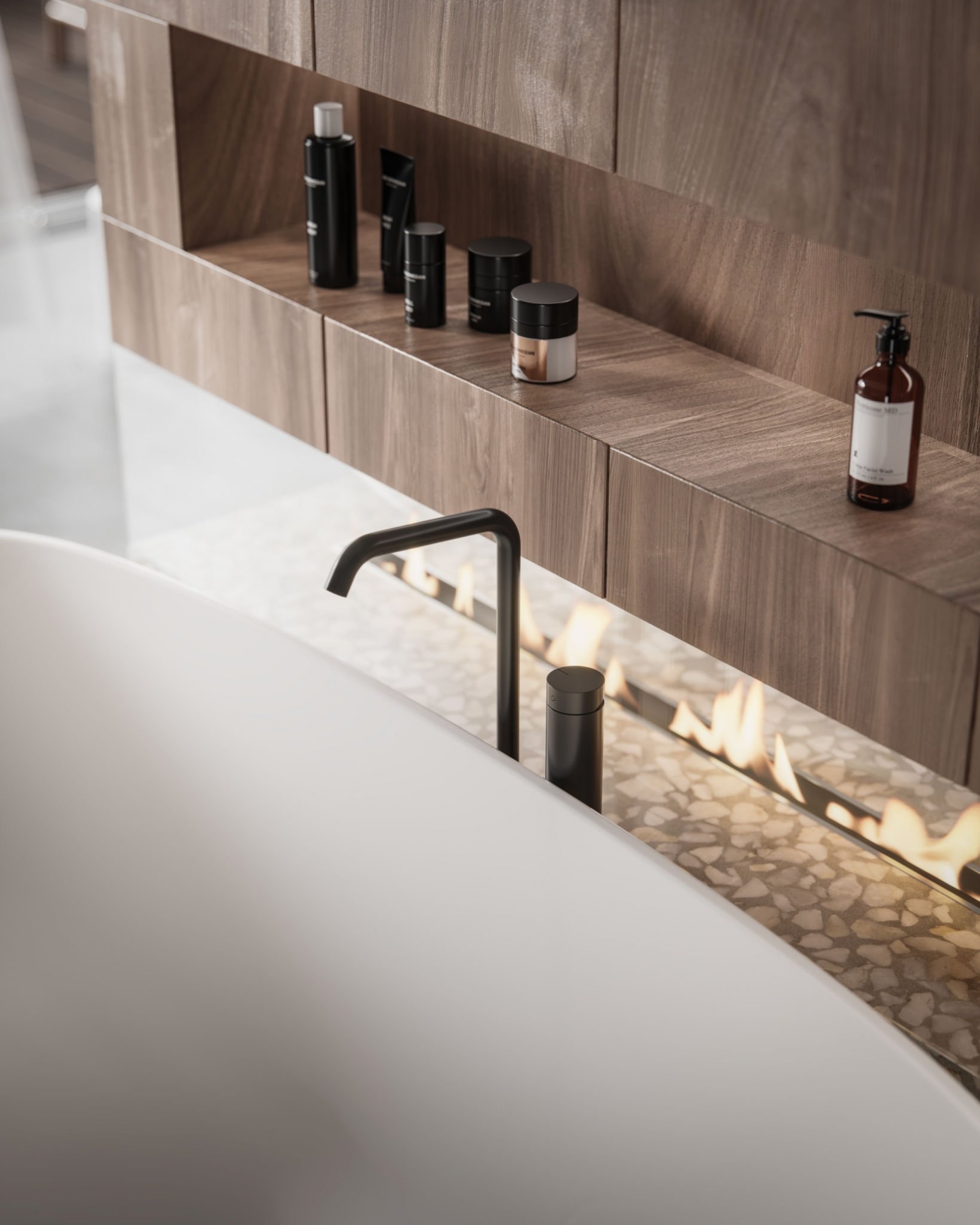 Bathroom detail with wooden shelves and freestanding tub