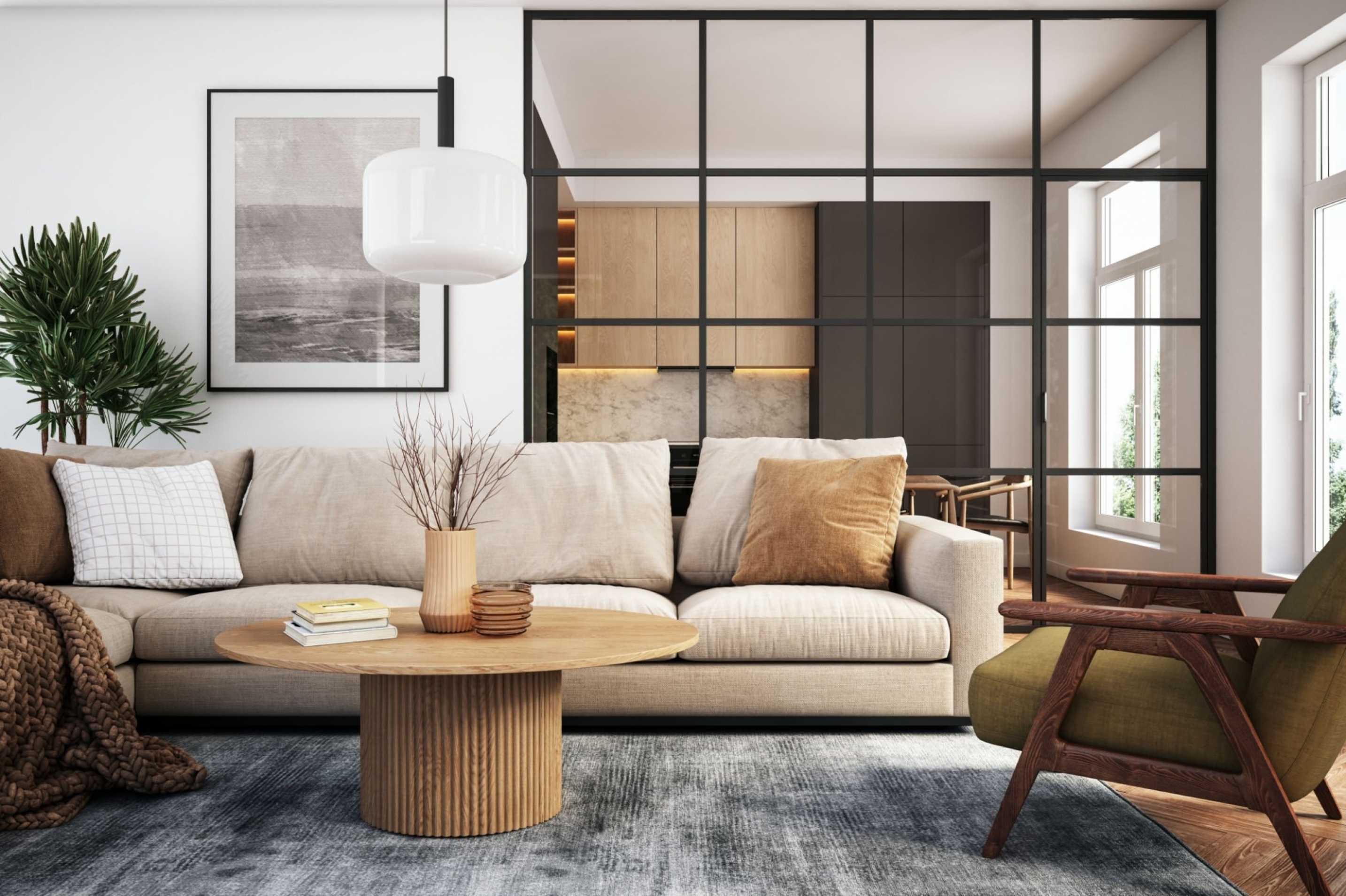 Bright living room with glass partition kitchen